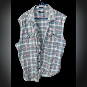 Lucky Brand Cut-Off Flannel Vest - Blue/Red Plaid - XXL - Distressed DIY